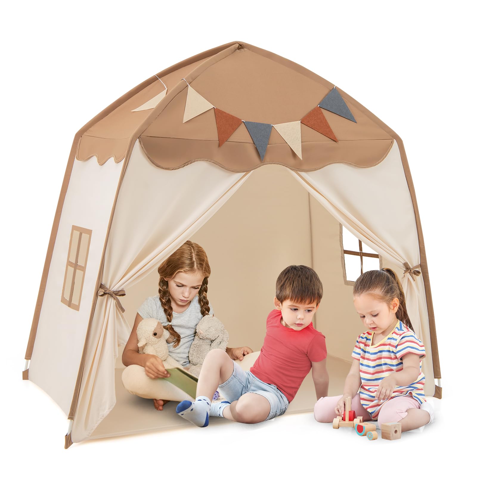 HOMASIS Capanna per Bambini da 3 a 12 anni, Tenda per Bambini con Bandierine e Lucine da Interno ed Esterno, Casetta da Gioco con Finestre da Cameretta, 157 x 98 x 148 cm (Marrone)