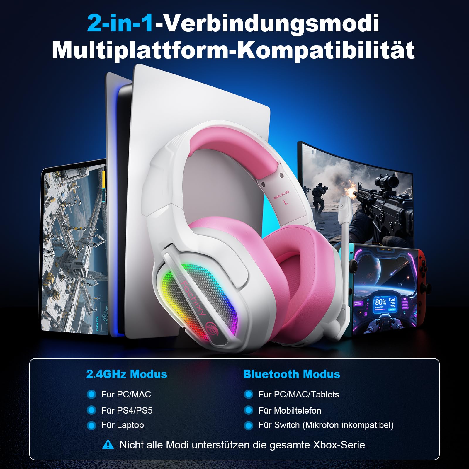 Fachixy FC200 Wireless Gaming Headset, 2.4GHz Bluetooth 5.4 Headset mit Mikrofon für PS5, PS4, PC, Switch, Gaming Kopfhörer Kabellos, Geringe Latenz Noise Cancelling, mit LED Licht, 50H Akkulaufzeit