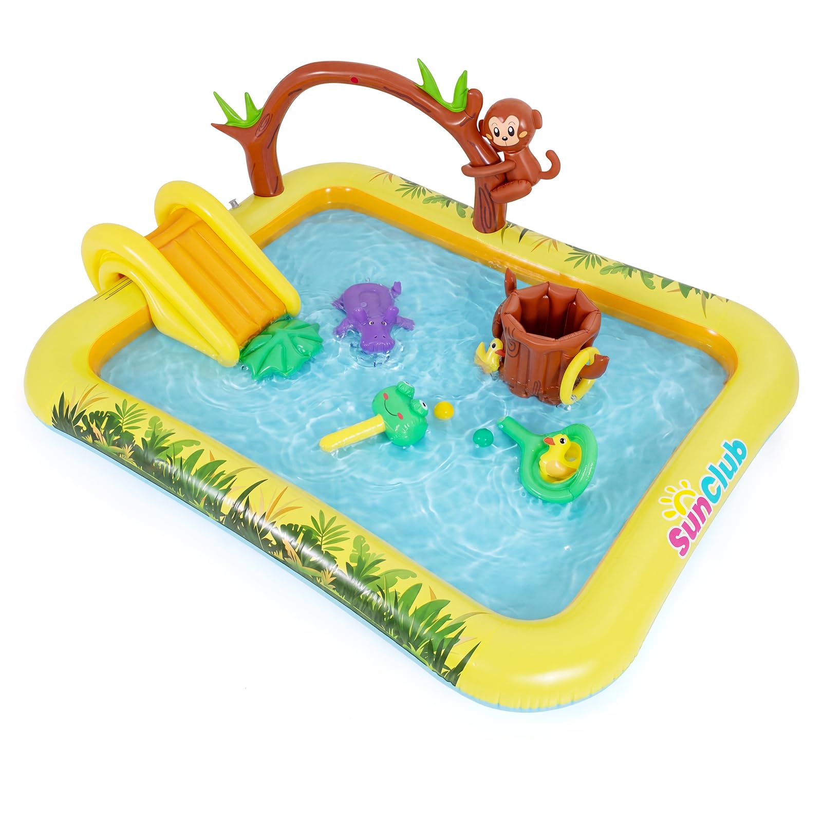 SOARS Piscine Gonflable, Aire de Jeux Extérieure sur Le Thème de Jungle, Toboggan & Pataugeoire, Jets d’Eau, Jeu de Lancer d’Anneaux, Parc Aquatique d’Été pour Jardin, Terrasse, 207 X 168 X 77 CM