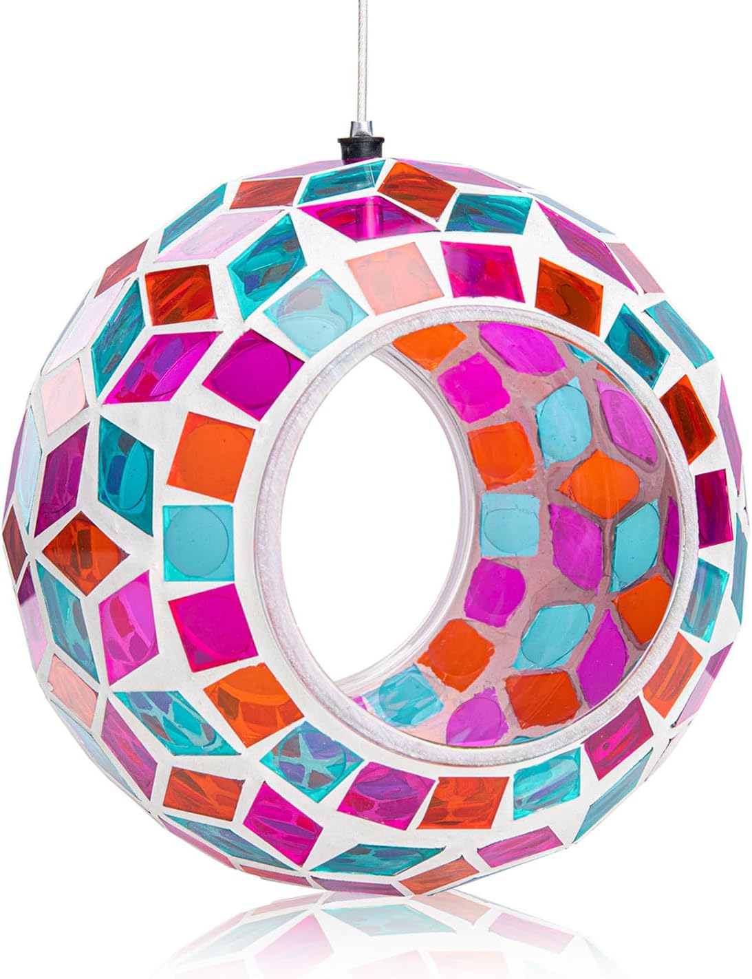 Comederos de vidrio para pájaros en el exterior, alimentador de pájaros de mosaico colgante, forma redonda volar a través del contenedor alimentador