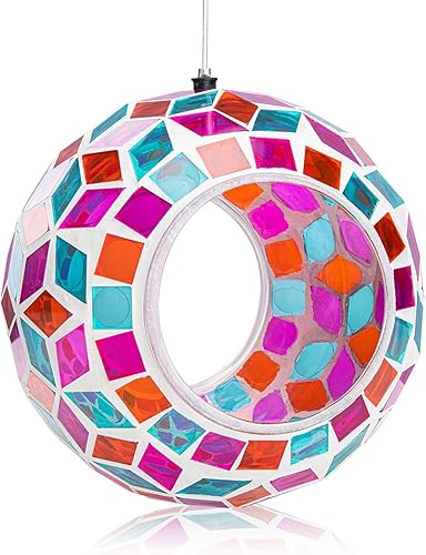 Comederos de vidrio para pájaros en el exterior, alimentador de pájaros de mosaico colgante, forma redonda volar a través del contenedor alimentador