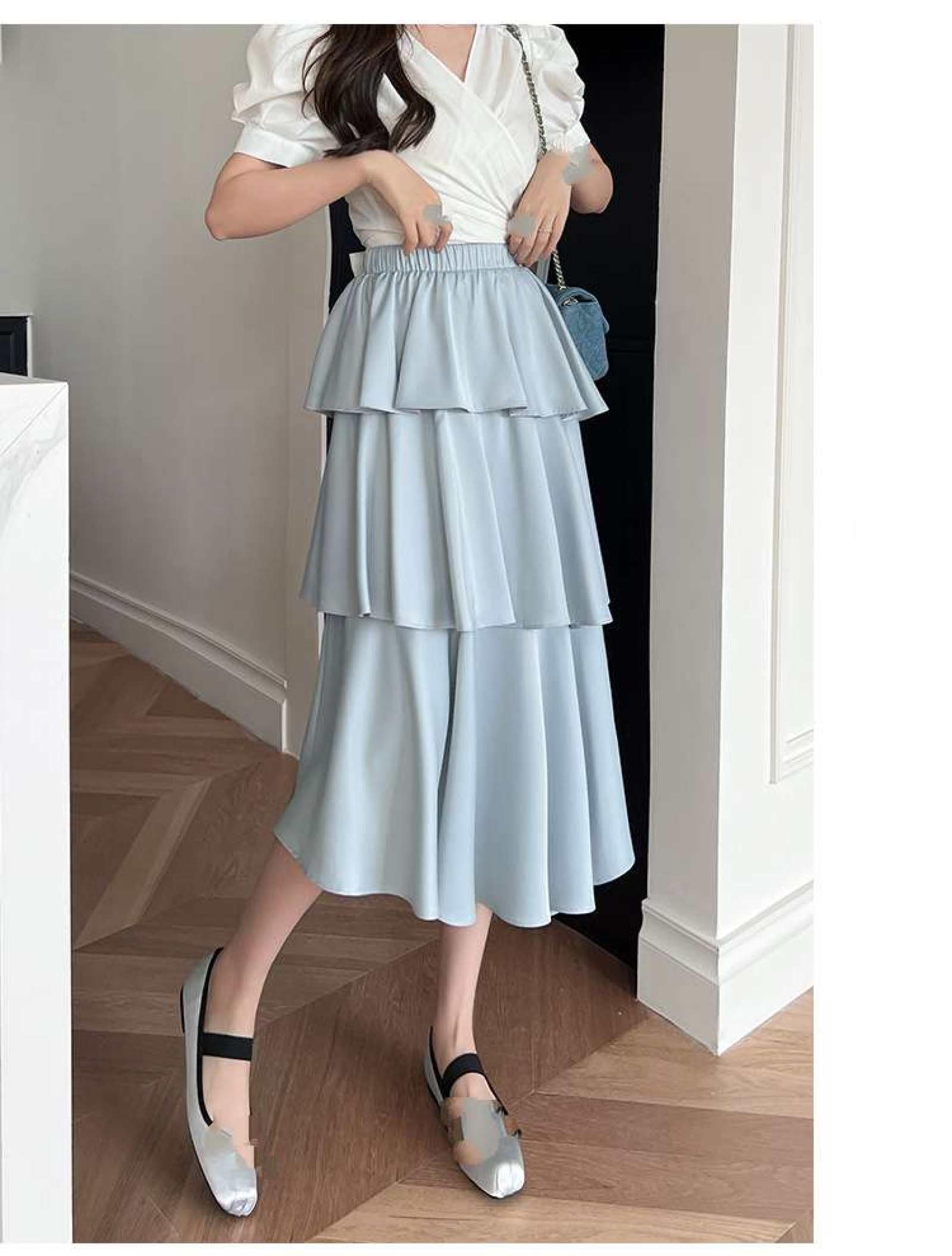 Jupe De Gâteau en Satin De Fibre De Vinaigre Taille Haute pour Femme - Jupe Mi-Longue Taille Élastique De Couleur Unie Polyvalente D'Été Petite Jupe À Volants Irréguliers Jupe Longue Lig