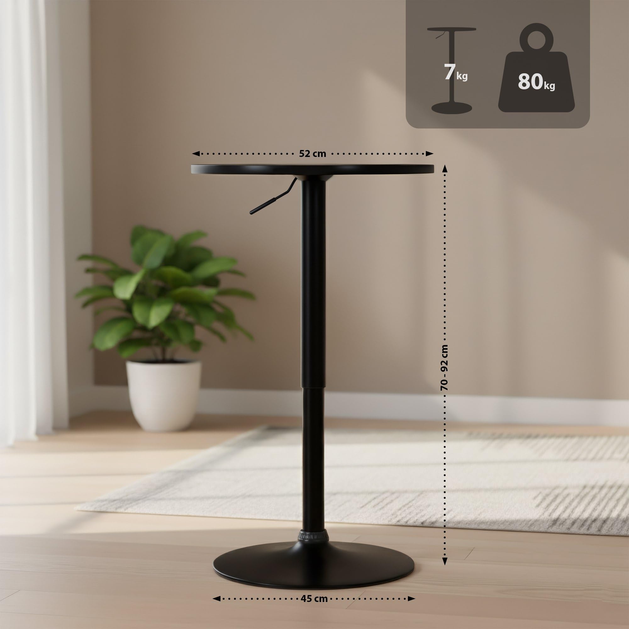 CLP Tavolo Alto Xanten Rotondo Regolabile in Altezza, Girevole con Sollevamento a Gas, Struttura in Metallo Verniciato a Polvere Antiscivolo, Colore:Nero/Nero, Dimensione:Ø 52 cm