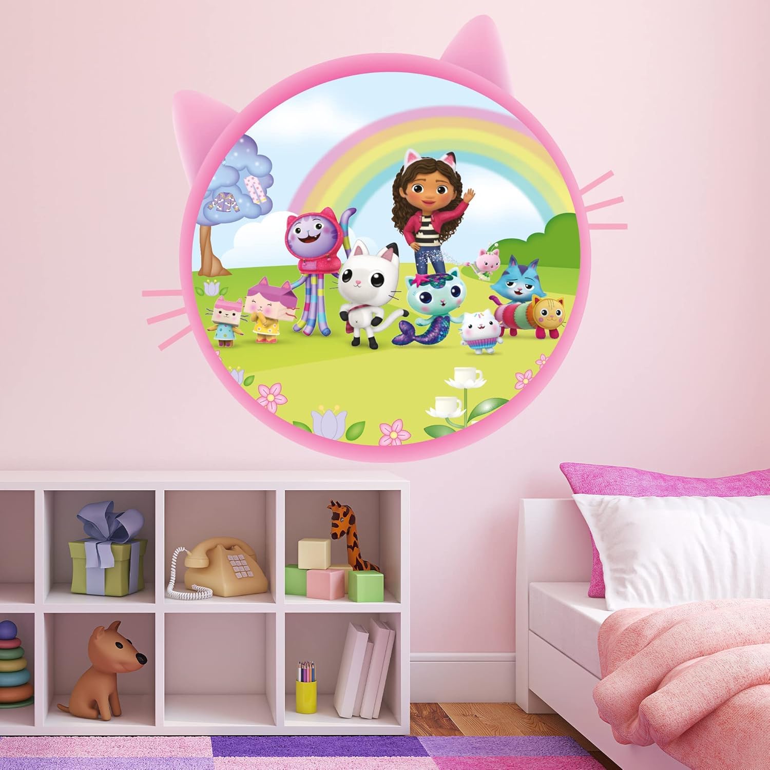 Themed Pink Gabby's Dollhouse Wall Sticker - Gabby And Friends Cat Circle Wall Art Kids Decal (60Cm Width X 55Cm Height)