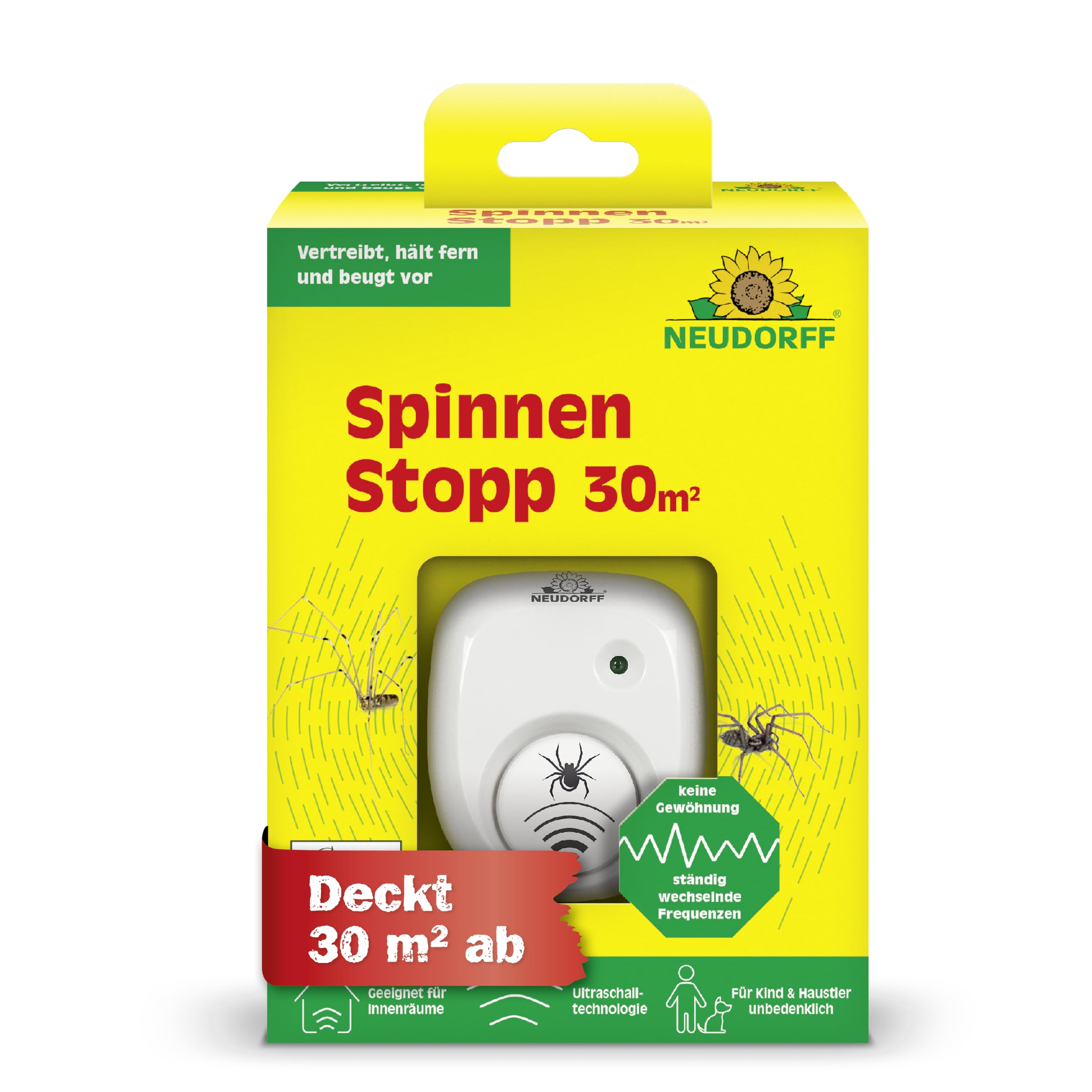 Neudorff SpinnenStopp 30m² – Vertreibt Spinnen sofort und dauerhaft aus Wohnräumen, Dachböden, Kellern und Garagen. Anti Gewöhnungseffekt, 1 Stück