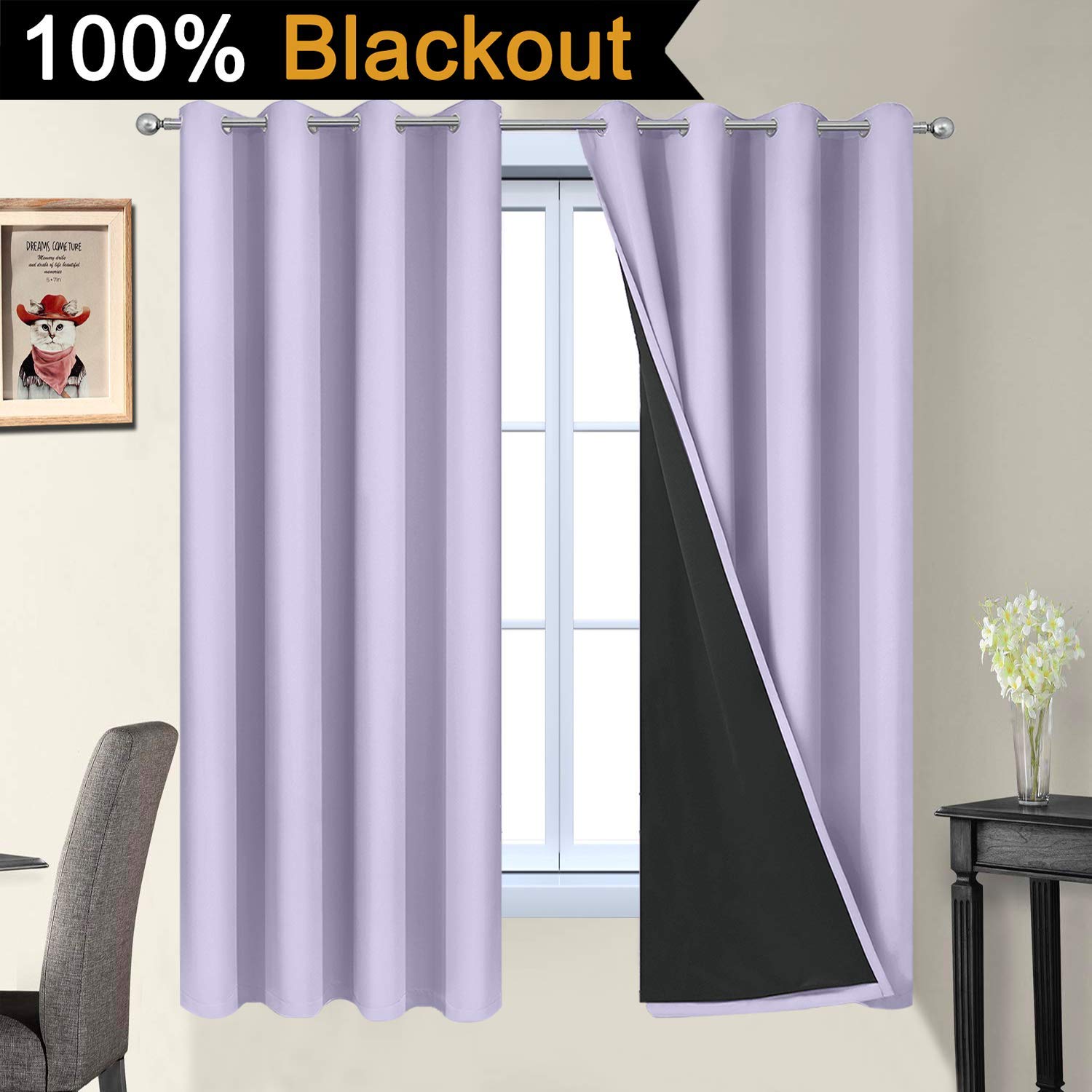 Yakamok 2 Thick Layers Completely Blackout Window Treatment Thermal Insulated Drapes for Girl's Bedroom(52Wx63L, Lilac, 2 Panels)