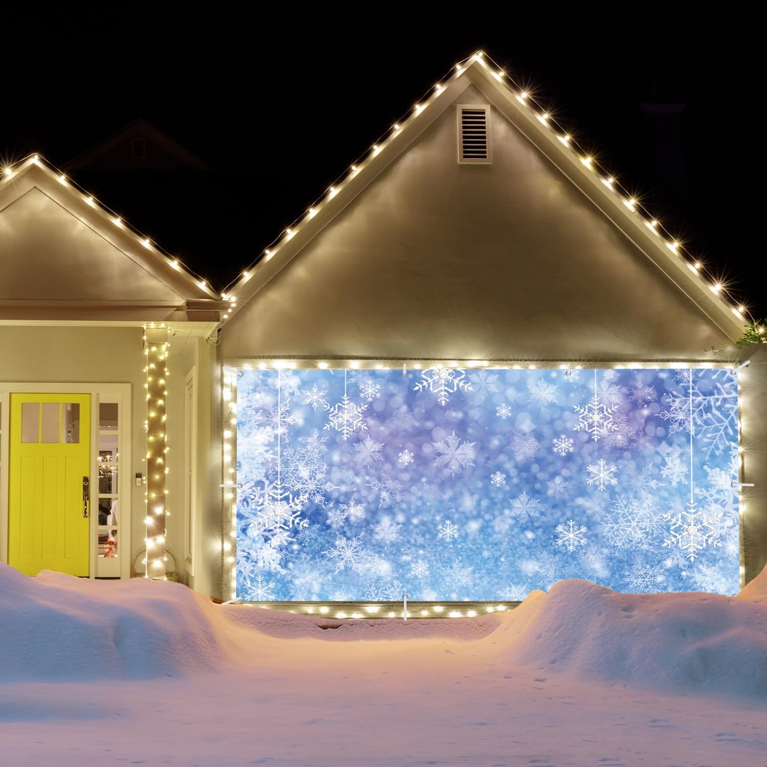 Winter Christmas Garage Door Decorations, Falling Snow Holiday Banner, Glitter Blue Snowflake 2 Car Door Cover for Outdoor Decoration 7x16ft