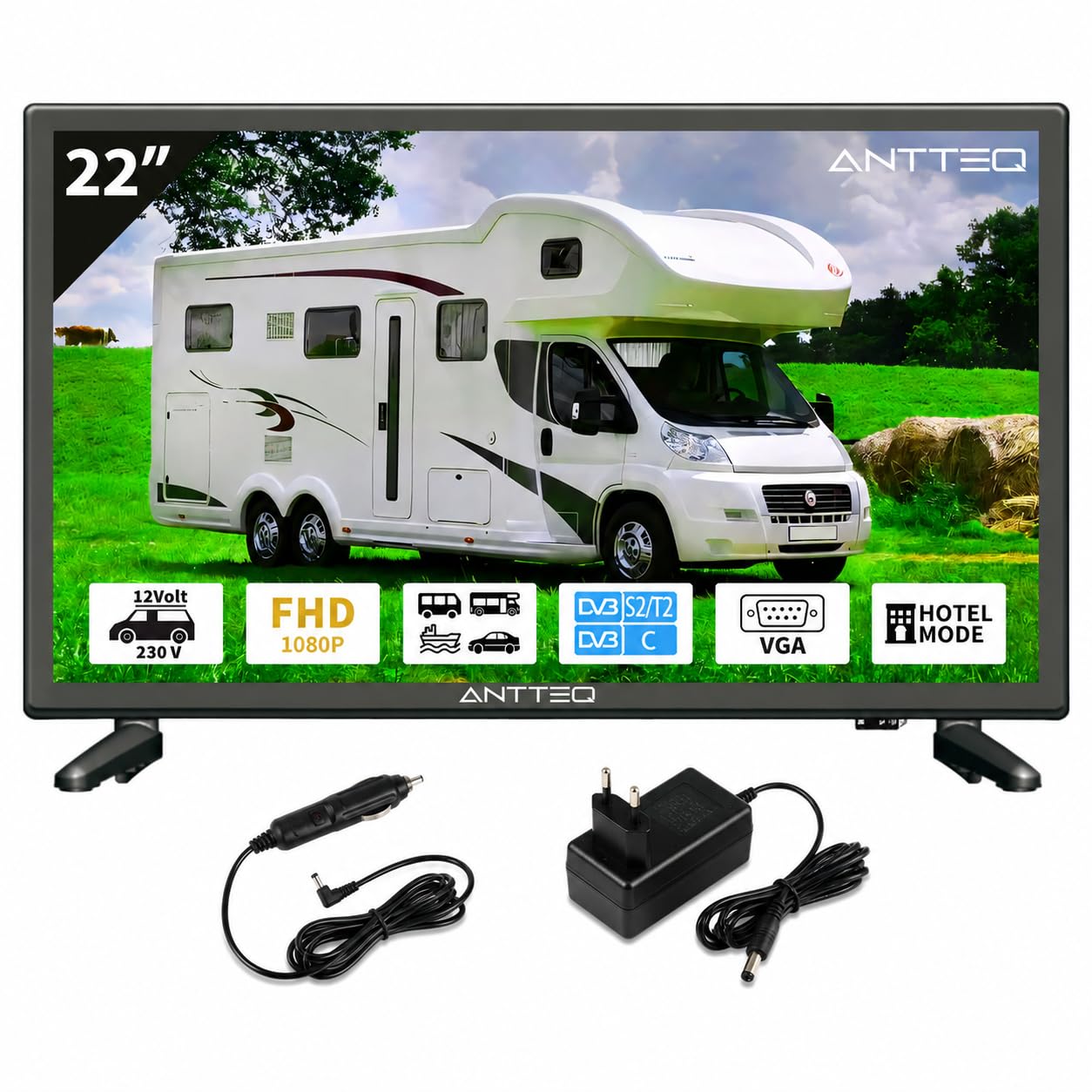 Antteq LED TV 22 Pollici (Televisore 55 cm) 2K D-LED con 12V, Triple Tuner DVB-C/T2/S2, Modalità Hotel, Audio Dolby, SCART & CI+ – Ideale per Camper, Campeggio e Hotel