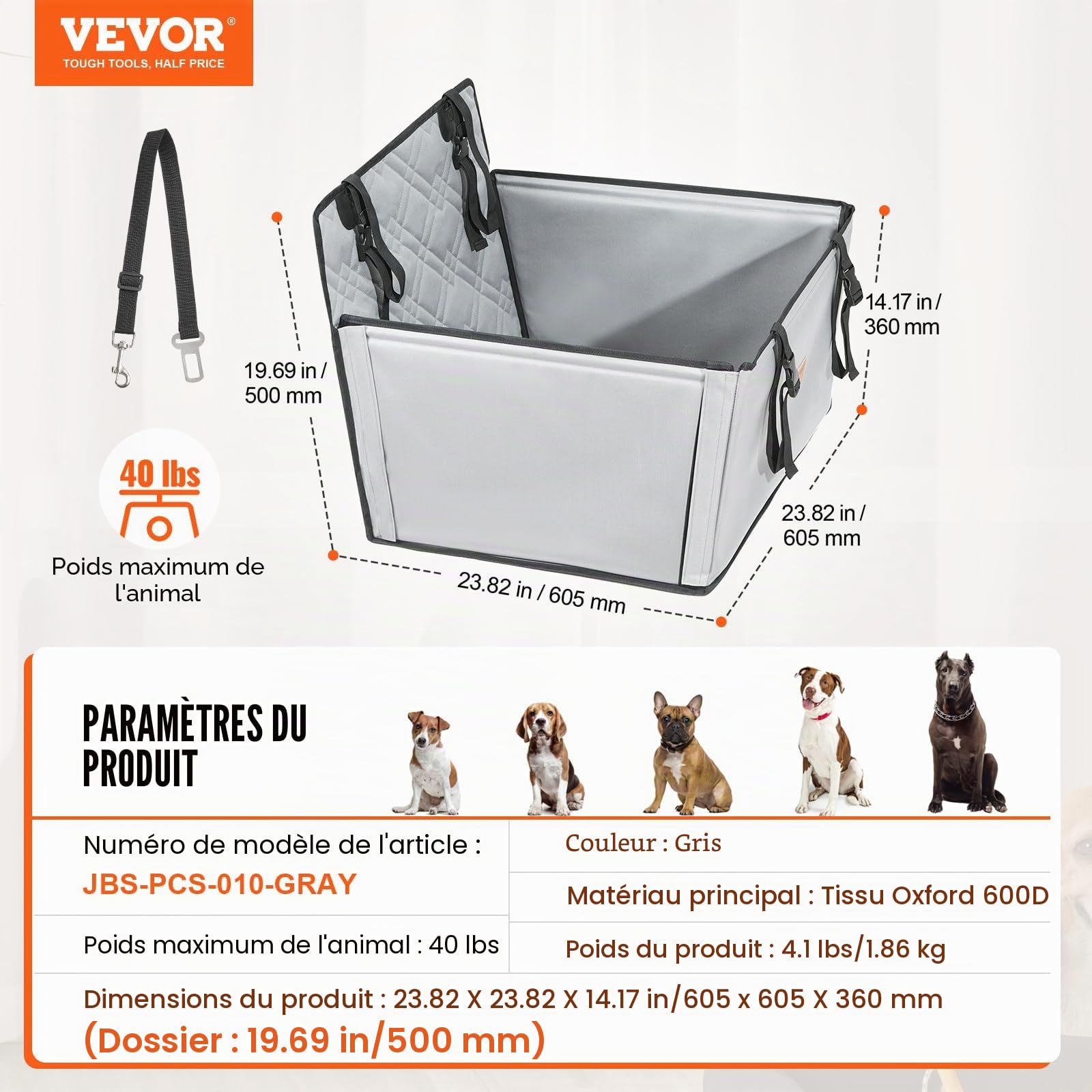 VEVOR Siège d'auto pour Chiens Petits Moyens Grands 18 kg, siège rehausseur imperméable pour Chien, avec Cadre de Support, Laisse de sécurité à Clipser, lit de Voiture pour Animal de Compagnie, Gris