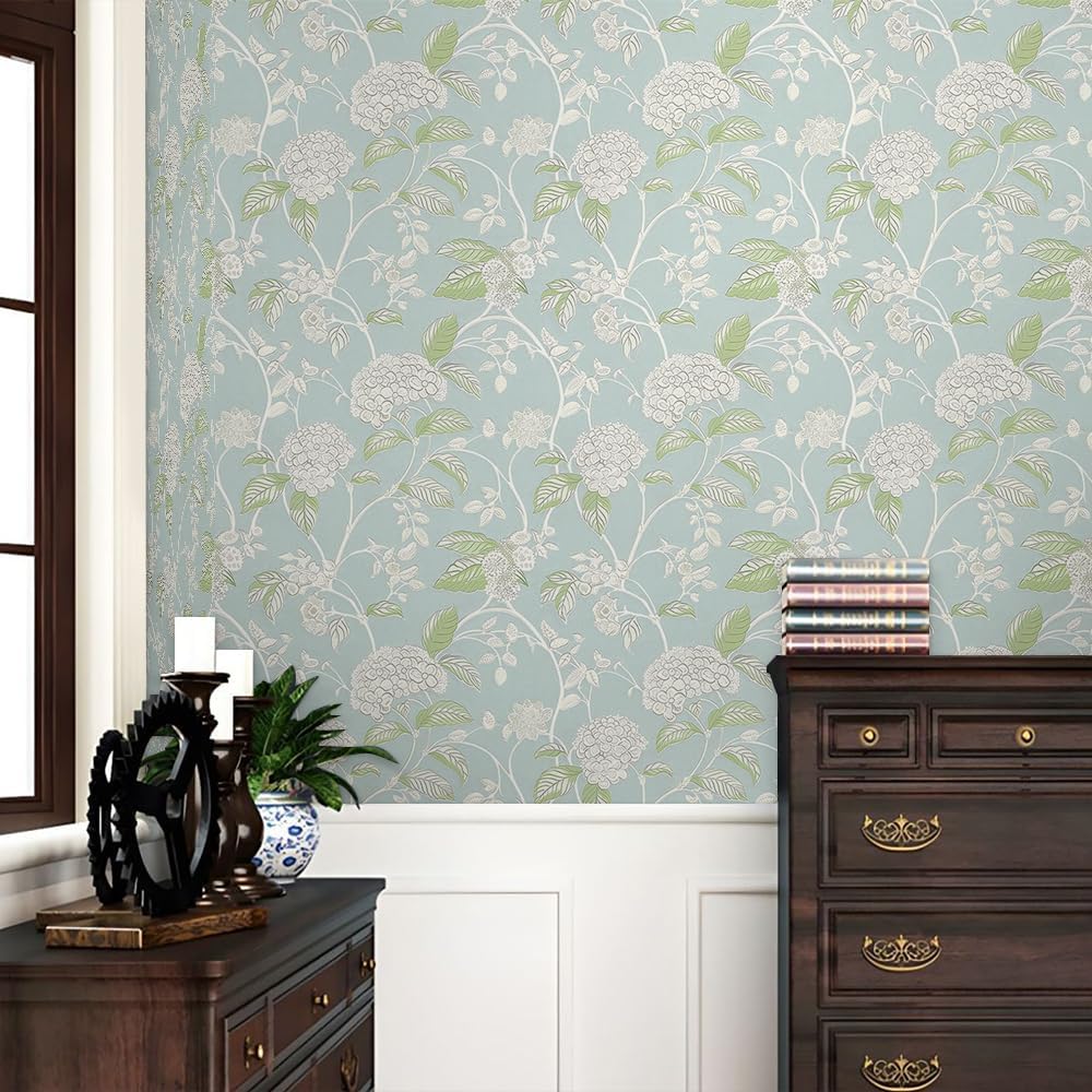 REDAMANCY Light Blue White Hydragea Florals Vintage Plant Peel and Stick Wallpaper Stick on Contact Paper Vintage Wall Paper Easy Peel Off for nightstand Drawer Cabinet Renter