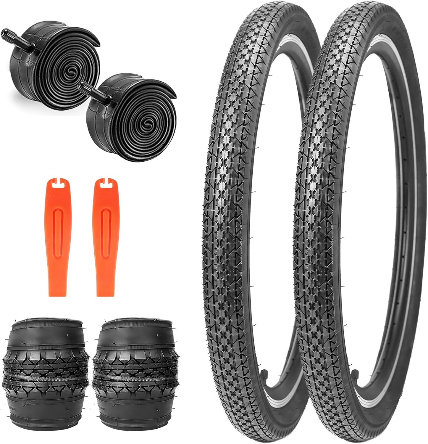 1/2 Pack 24"/26" x 2.125" Folding Replacement Bike Tires for Beach Cruiser Bike，Bicycle Tires for Commuter Bikes，White Wall，Non-Slip