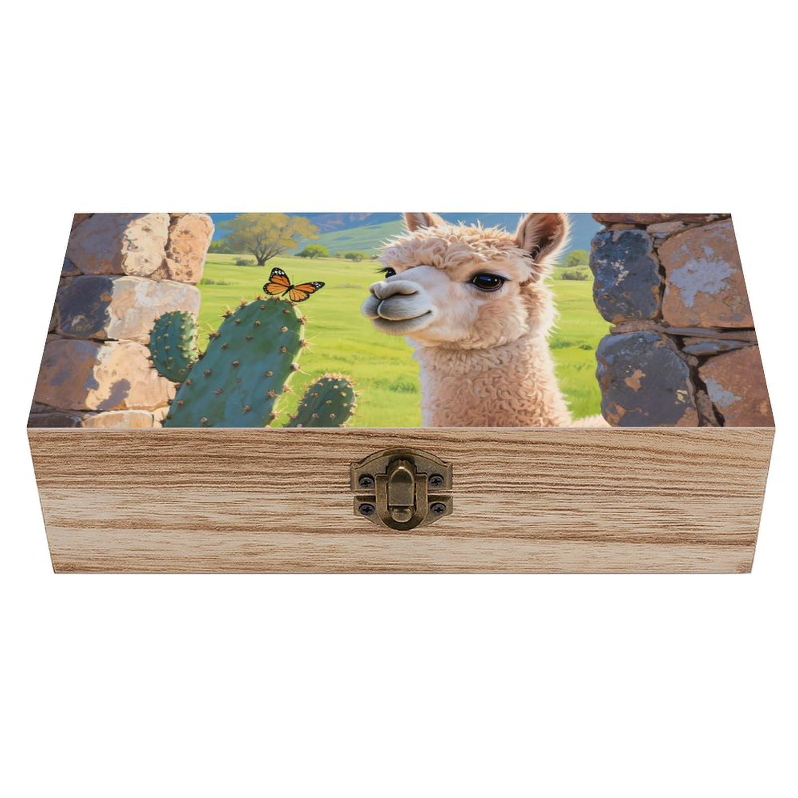 DWVTSLH Cute Llamas Alpaca With Cactus Wooden Storage Box Locked Wood Gift Box Decorative Keepsake Boxes Storage Bins, Memory Boxes for Pictures, Jewelry Organizer Unique Gift Ideas for Men Women