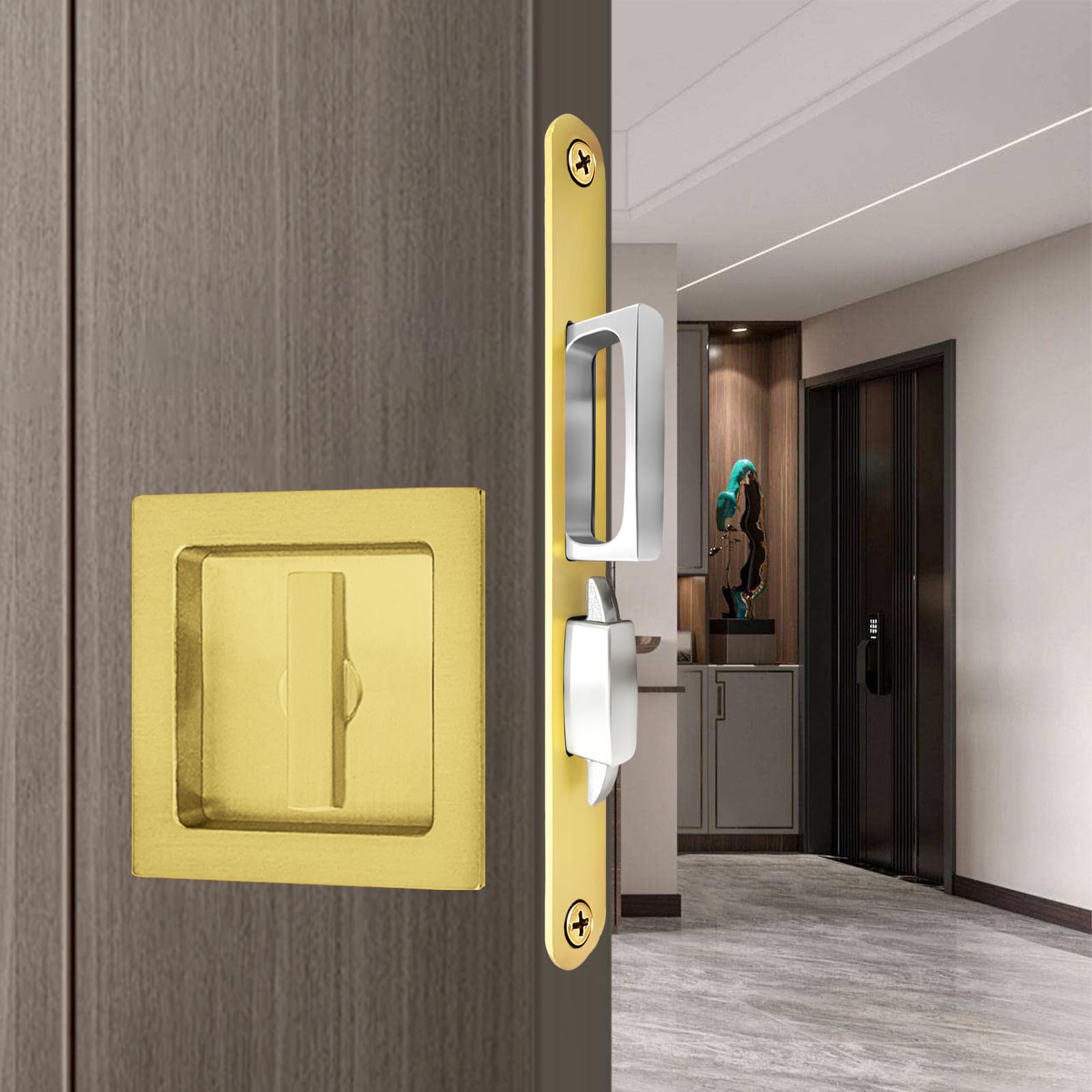 Modern Pocket Door Hardware Set - Privacy Lock with Finger Flush Pulls & Soft Close, for Sliding Barn Doors, Pocket Doors, Bedroom (Gold, Square Privacy Lock)