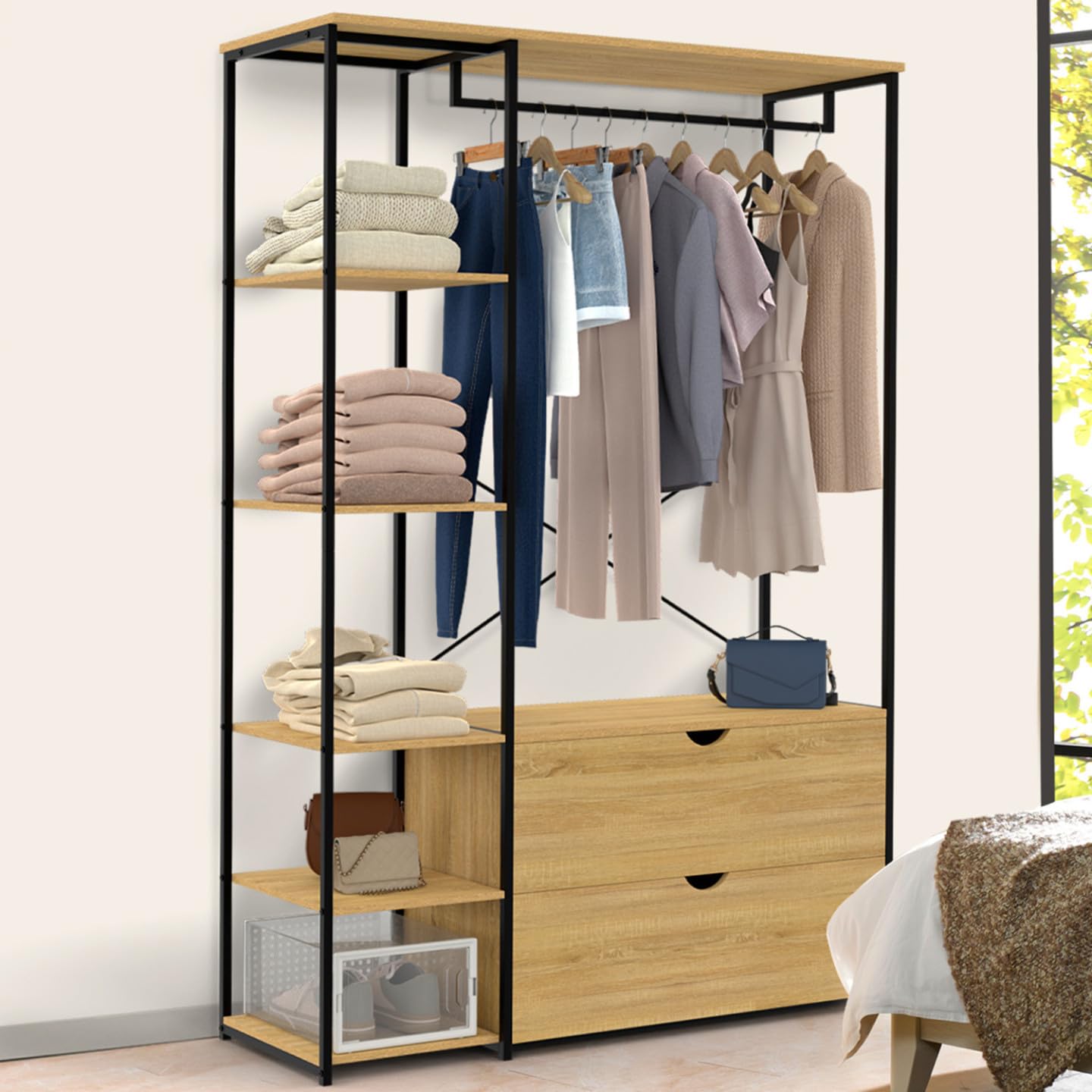 IDMarket - Vestidor armario estantes L. 113 cm DETROIT 2 cajones de diseño industrial
