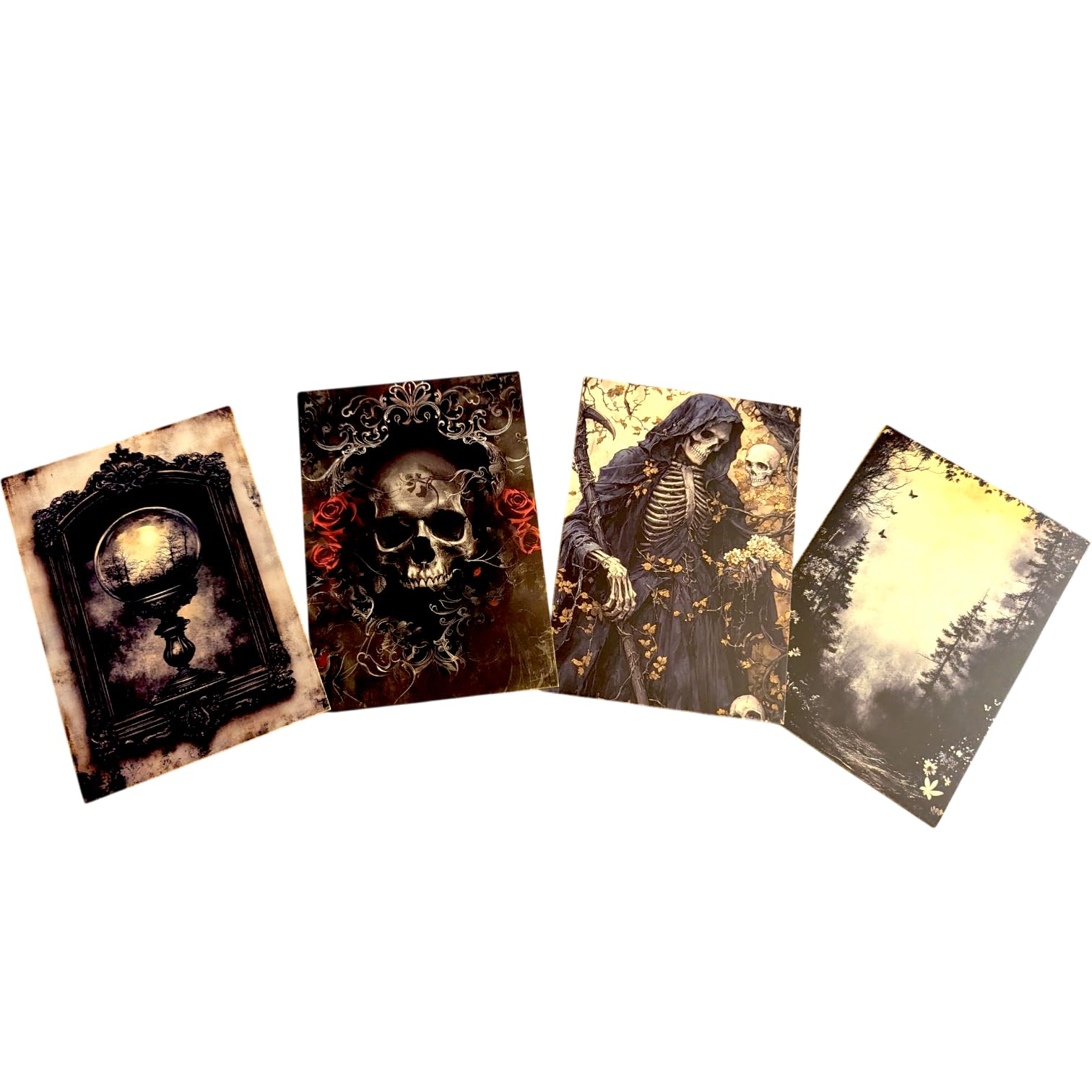 Kims Crafty Corner Gothic Autumn Postcard Set – 4 Dark Academia Art Prints with Haunted Houses, Skeleton Trees & Victorian Figures | Vintage Gothic Stationery or Wall Art Décor (Black Wicca Set 14)