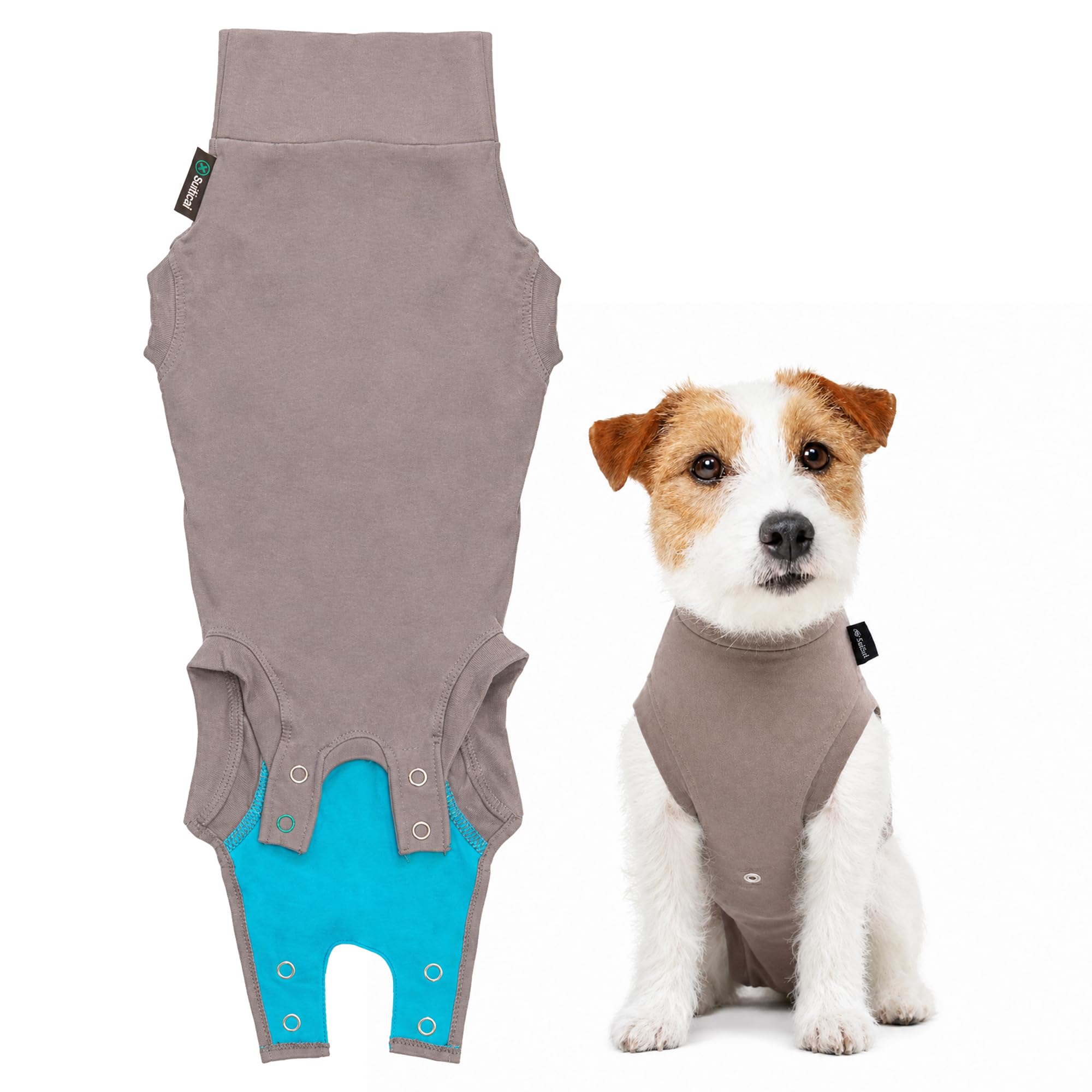 Suitical - The Original Dog Surgery Recovery Suit - Replace E-Collar & Cone - Spay, Neuter, Wounds, Prevent Licking - Small+ Neck to Tail 19.3-22.4in - Chest 25-35.5in - Weight 33-42lbs Sandstone Grey