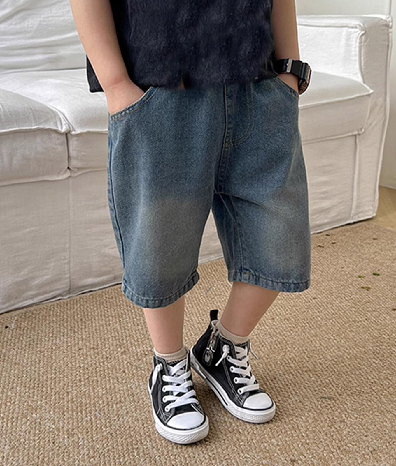 Short Baggy en Jean Adolescents Bermuda Denim Shorts Plat l’Avant Tissé Confortable et Respirant avec Taille Lastique Running Ado Garcon 4-14 Ans