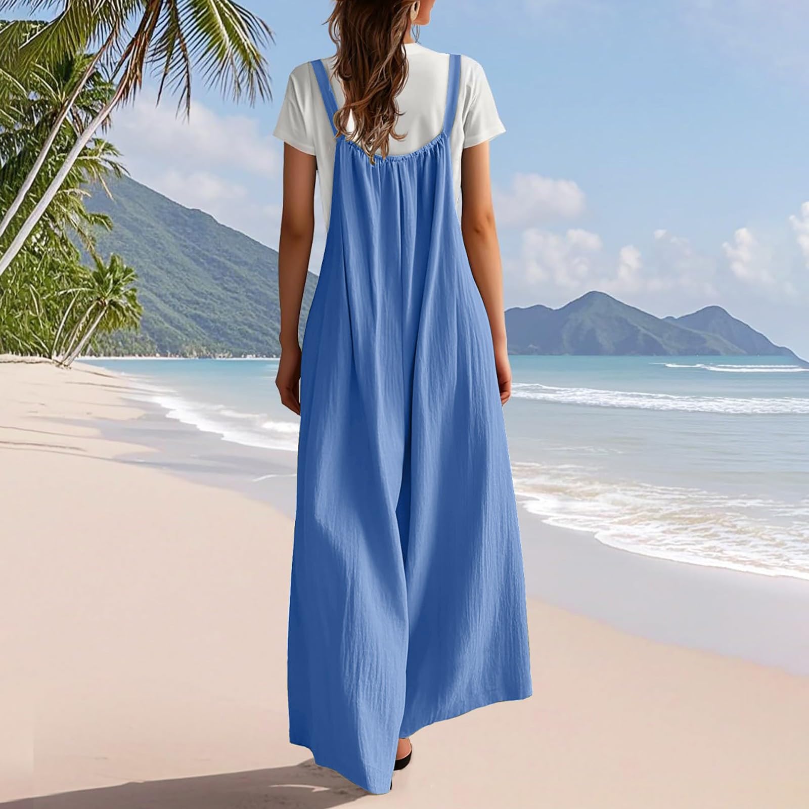 Tuta da donna estiva lunga, salopette baggy, gamba larga, pantaloni con