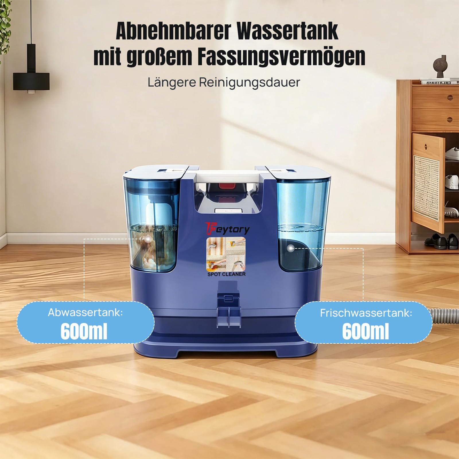 Akku Spot Cleaner, 3-in-1 Teppichreiniger mit 2 x 21V Akku, 600ml Frisch-/Abwassertank, Tragbarer Polsterreiniger für Sofa, Teppich, Matratze, Autositze, Tierhaare & Flecken