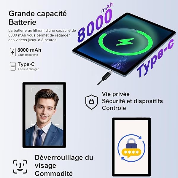 fezawio Tablette Tactile 10 Pouces Android 14, 22Go RAM+128Go ROM(Extensible 1To)|5MP+8MP|5G Wi-FI|Certifié Widevine L1|Processeur Octa-Core|8000mAh|Clavier+Souris+Coque de Protection Inclus (Gris) - 4