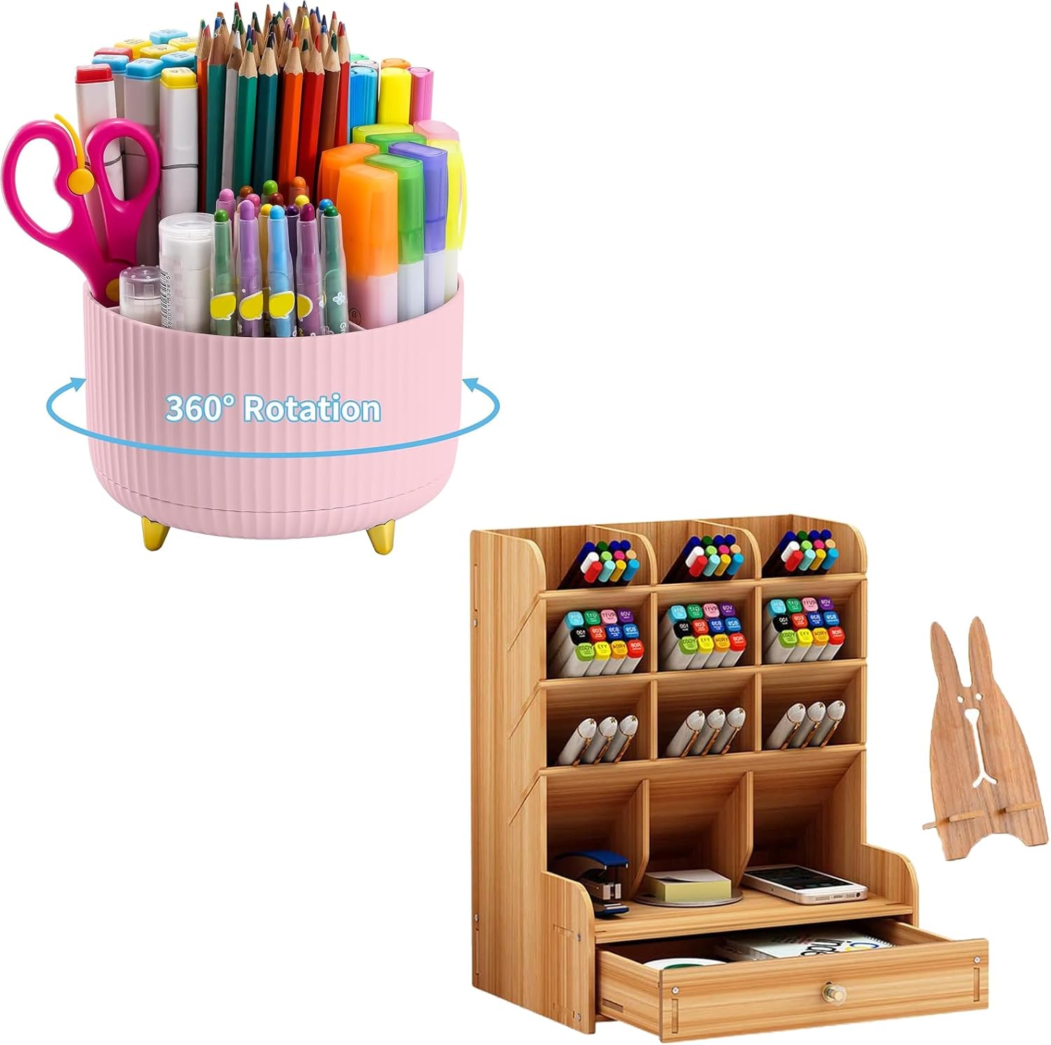 Marbrasse 360-Degree Rotating Pen Holder +Wooden Pencil Holder
