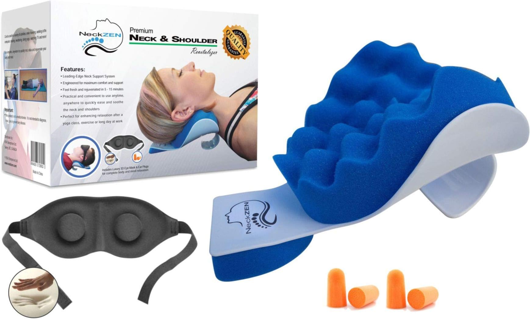Neck and Shoulder Relaxer - Chiropractic Support Pillow and Cervical Traction Device for Spine Alignment, Pain Relief, Relaxation and Stretching (Blue and White)