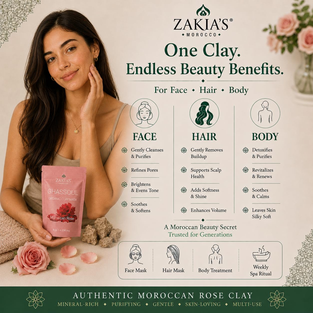 Zakia's Morocco Ghassoul''rassoul'' marokańska glina - aromat różany