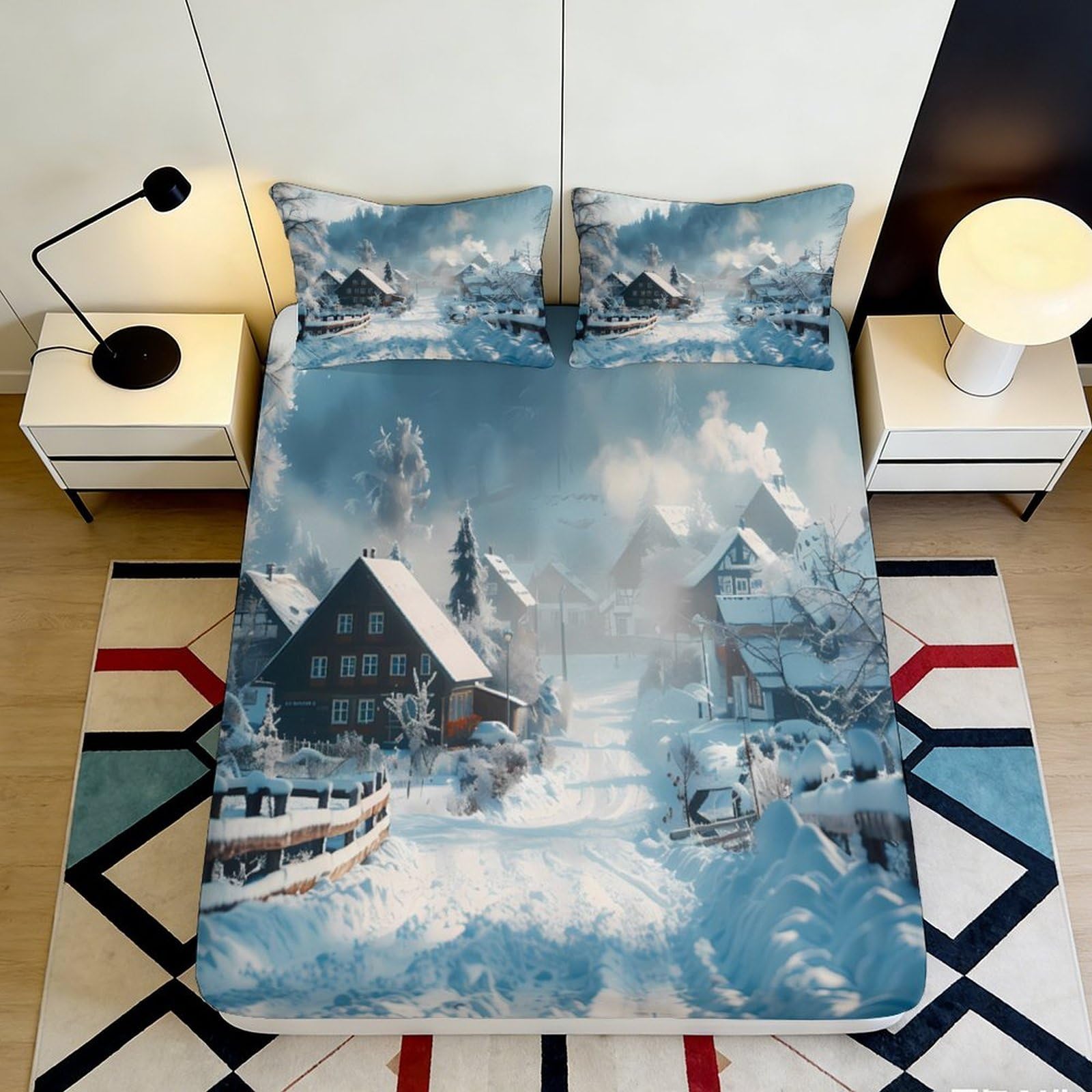 3D Printed Winter Village Fitted Sheet Microfiber Soft Breathable Snowy Landscape Mattress Cover for Bedroom Dorm Dormitory Guest Room Protection 180x200x25cm