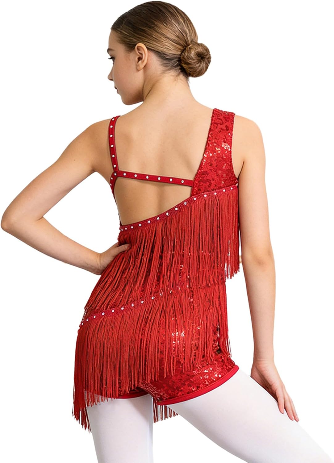 Latin Dance Dress for Girls Sleeveless Tassel Fringe Leotard Sequin Ballroom Salsa Tango Dance Costume