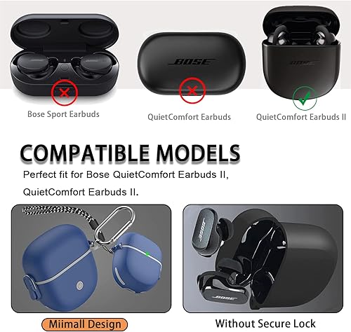 Miniatura 2 de Miimall Funda compatible con Bose QuietComfort Earbuds II, bloqueo seguro actualizado, llavero antipérdida, LED frontal visible, funda protectora