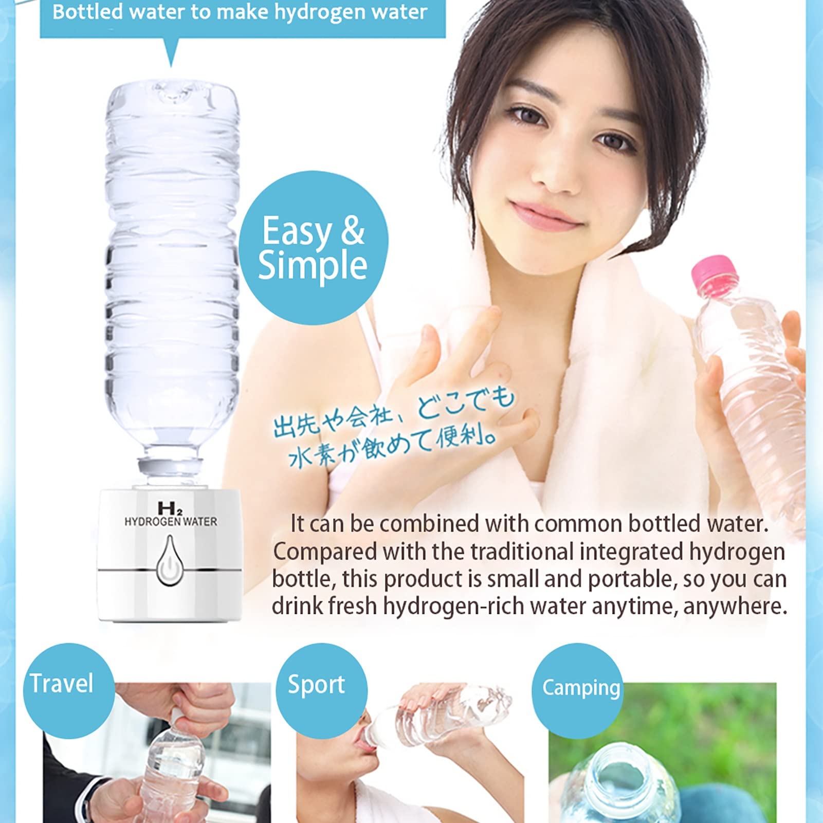 Bouteille d'eau alcaline Riche hydrogène H2, générateur d'eau à hydrogène Portable avec ioniseur, Technologie à Double Chambre SPE et PEM, rejet Chlore jusqu'à 3000 ppb, Bouteille Verre 350 ML