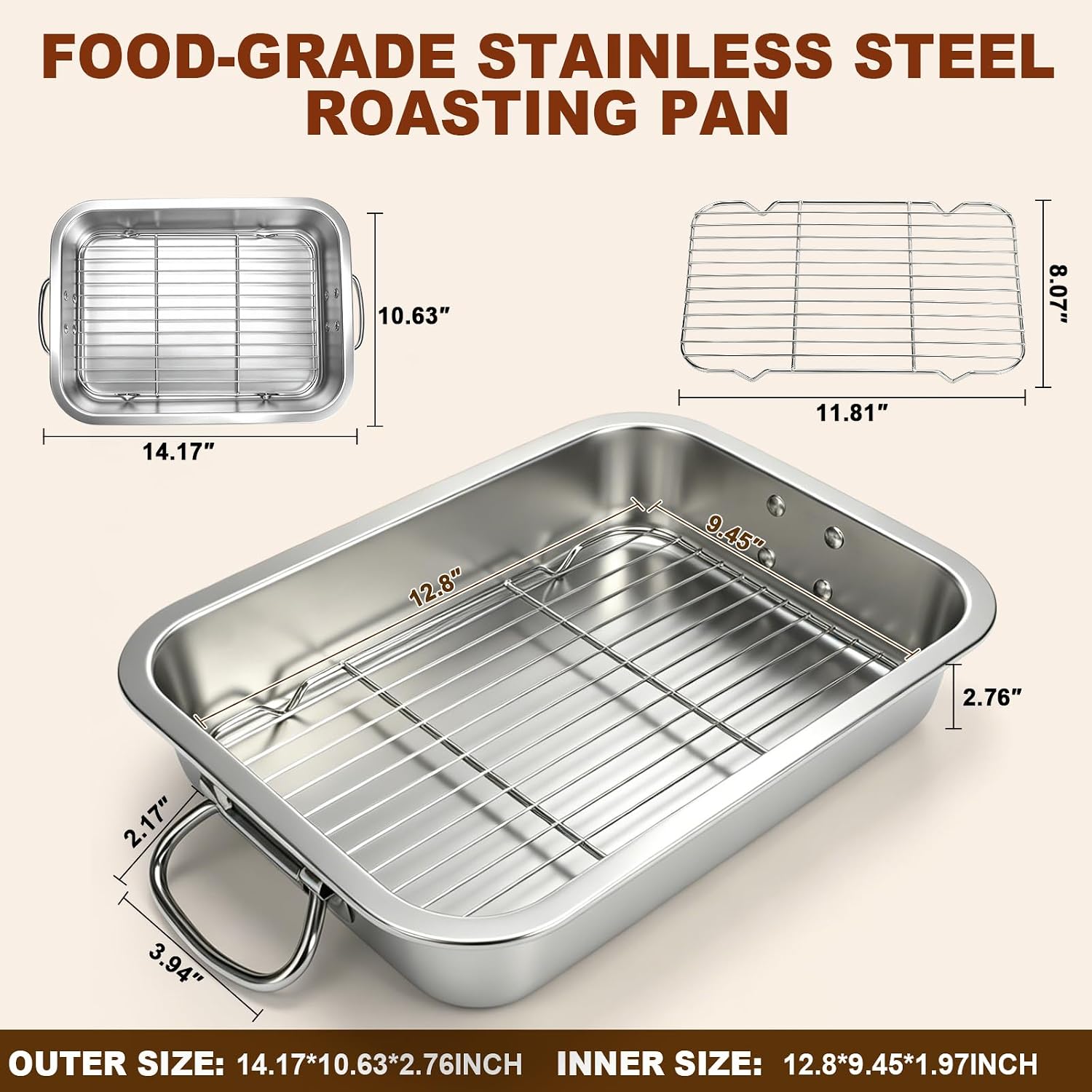 Stainless Steel Roasting Pan with Rack & Handles, 14.17 * 10.63 Inch Food-Grade Roasting Pan, Oven and Dishwasher Safe. Suitable for Turkey, Meat, Baking, Bread