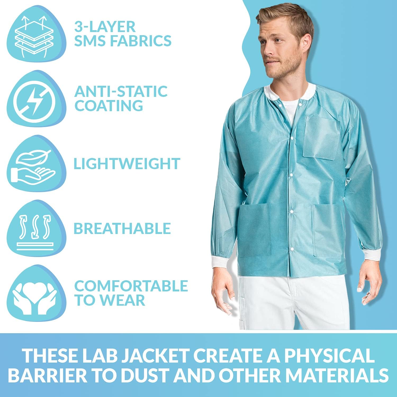 10 Pack Disposable Lab Jackets - Hip Length Reusable Scrub Jacket Unisex, with Knit Cuffs and Pockets - Image 4