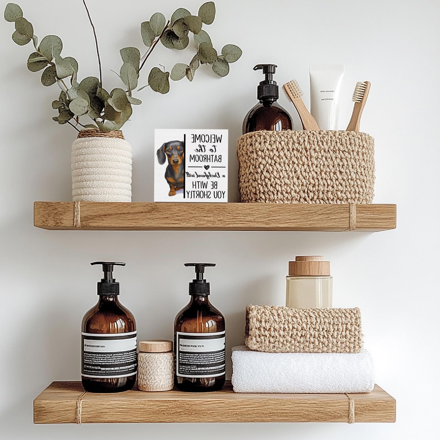Dachshund Bathroom Wooden Box Sign, Weiner Dog Bathroom Decor, Doxie Dachshund Lover Gifts Wood Block Plaque Signs for Bath Room Toilet Washroom Shelf Counter Decor, 5x5 Inch image 4