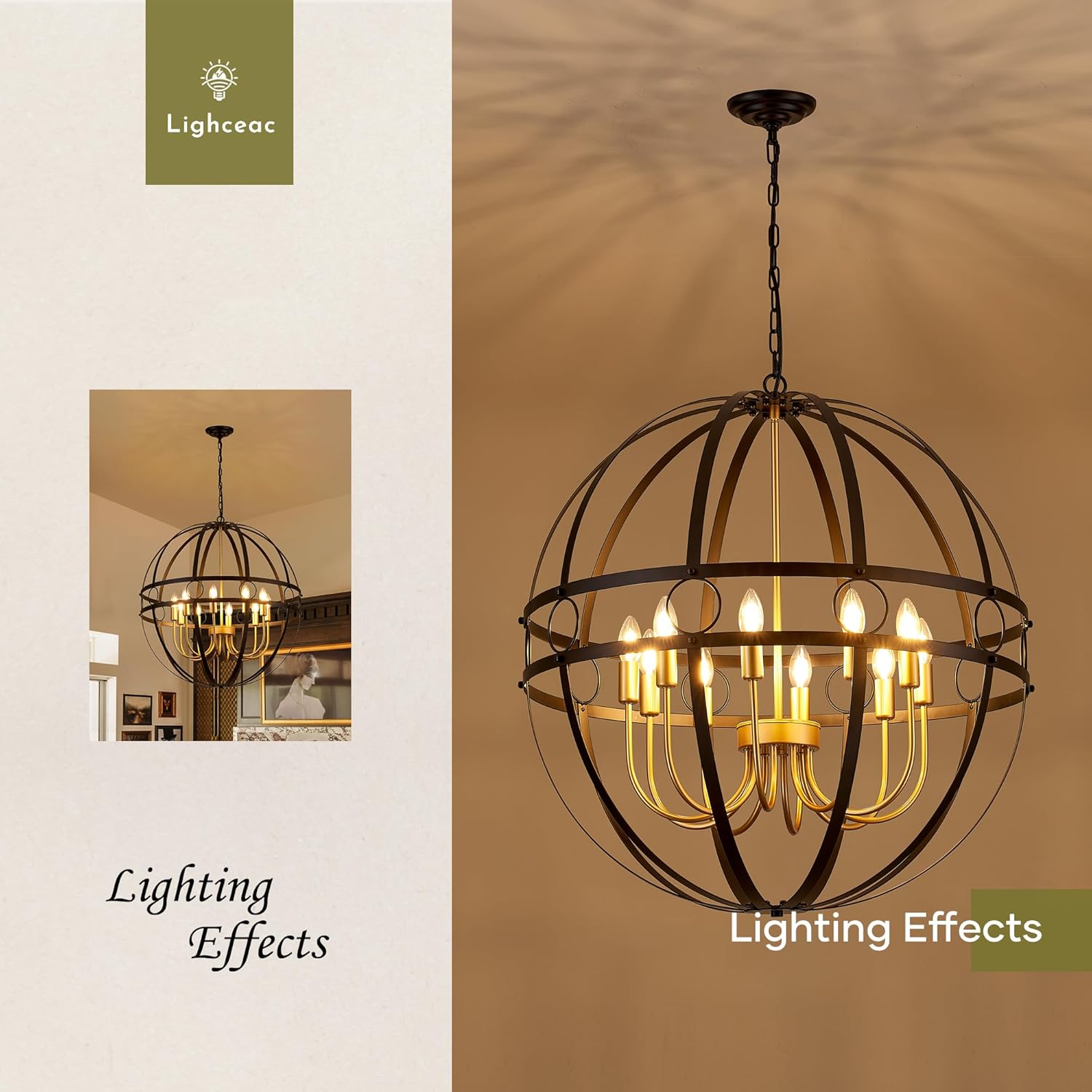 Modern Black and Gold Chandelier for Dining Room 29.7“ Industrial Vintage Globe Chandelier 10-Light for Foyer Farmhouse Rustic Pendant Ceiling Light Fixture for Living Room Entryway Stairway