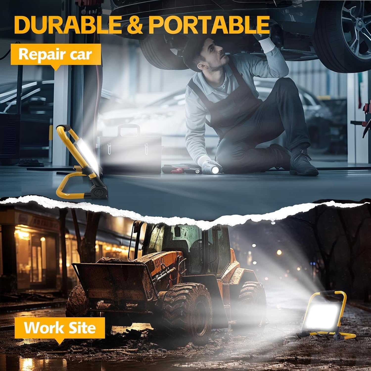 7000LM LED Work Light 5ft Cord with Plug,with Individual Switch.Portable,IP66 Waterproof with a stand.For camping,garage, car repair, workshop and job sites.Great for replacing old halogen work lights