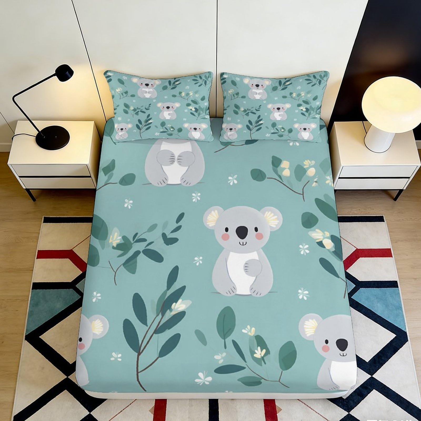 3D Printed Koala Forest Fitted Sheet Microfiber Soft Non-Slip Bed Cover for Bedroom Guest Room Easy Care 200x200x25cm