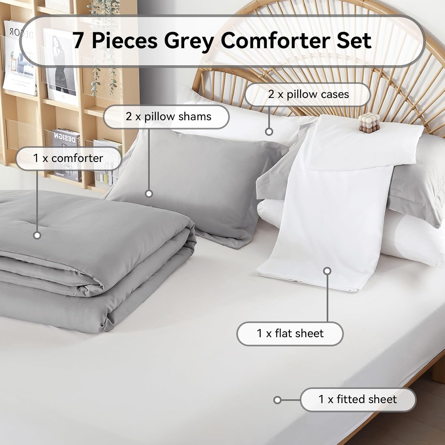 weigelia Queen Comforter Set Boho Bed Comforter Set 7 Pieces Grey Comforter Queen Size Soft All Season Microfiber Comforter with Fitted Sheets, Flat Sheets, Pillow Shams, and Pillowcases - Image 4