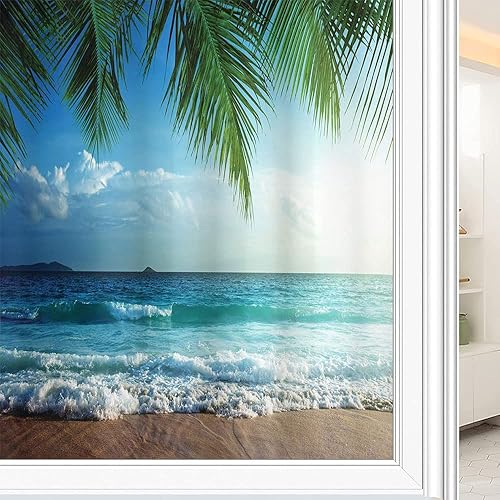 Película adhesiva para ventana, diseño de palmas, isla tropical, playa, playa, playa, olas de agua, marina náutica hawaiana, para bloqueo UV,