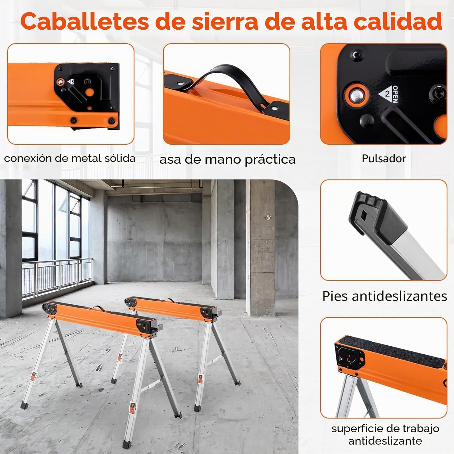 FANTASK Juego de 2 bloques de sierra plegables, caballetes de trabajo portátiles, robustos soportes de metal para carpintería, caballete de sierra con mango, soporta hasta 500 kg