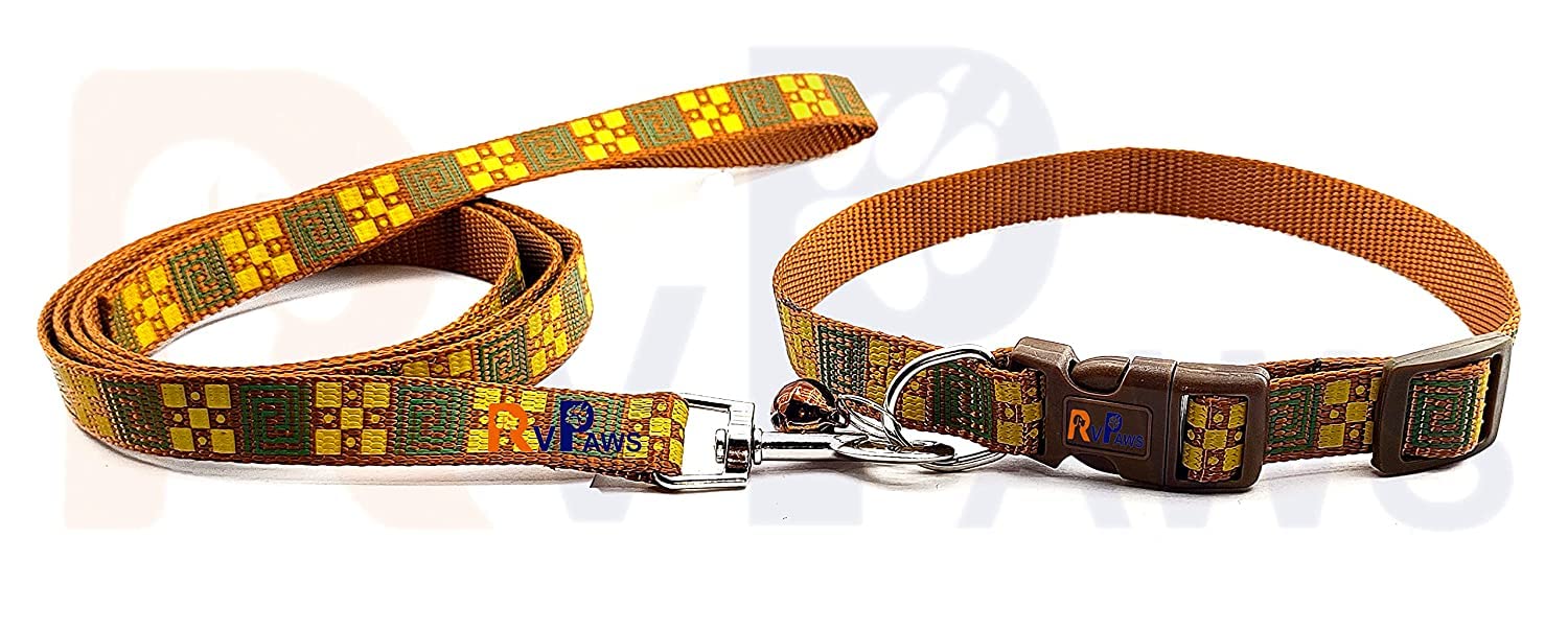 Pups&Pets Pets Printed Nylon 15MM Collar with Bell & Leash | Adjustable and Quick Release Collar Set | Attractive Collar with Leash for Puppies, Small Dogs and Cats - 1Pcs (Golden)