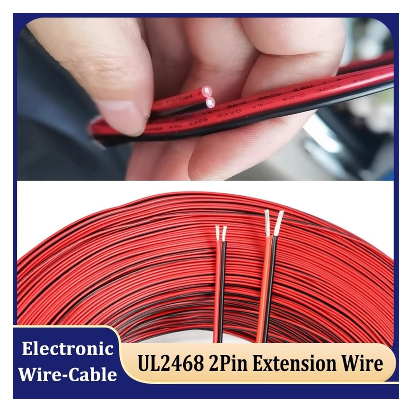5/10/20/50/100m UL2468 2Pin Czerwono-czarny Przedłużacz 30 28 26 24 22 20 18 16 AWG Do Taśmy String Connect Głośnik Audio Cynowany Kabel Miedziany(Red-Black 20m,16AWG)