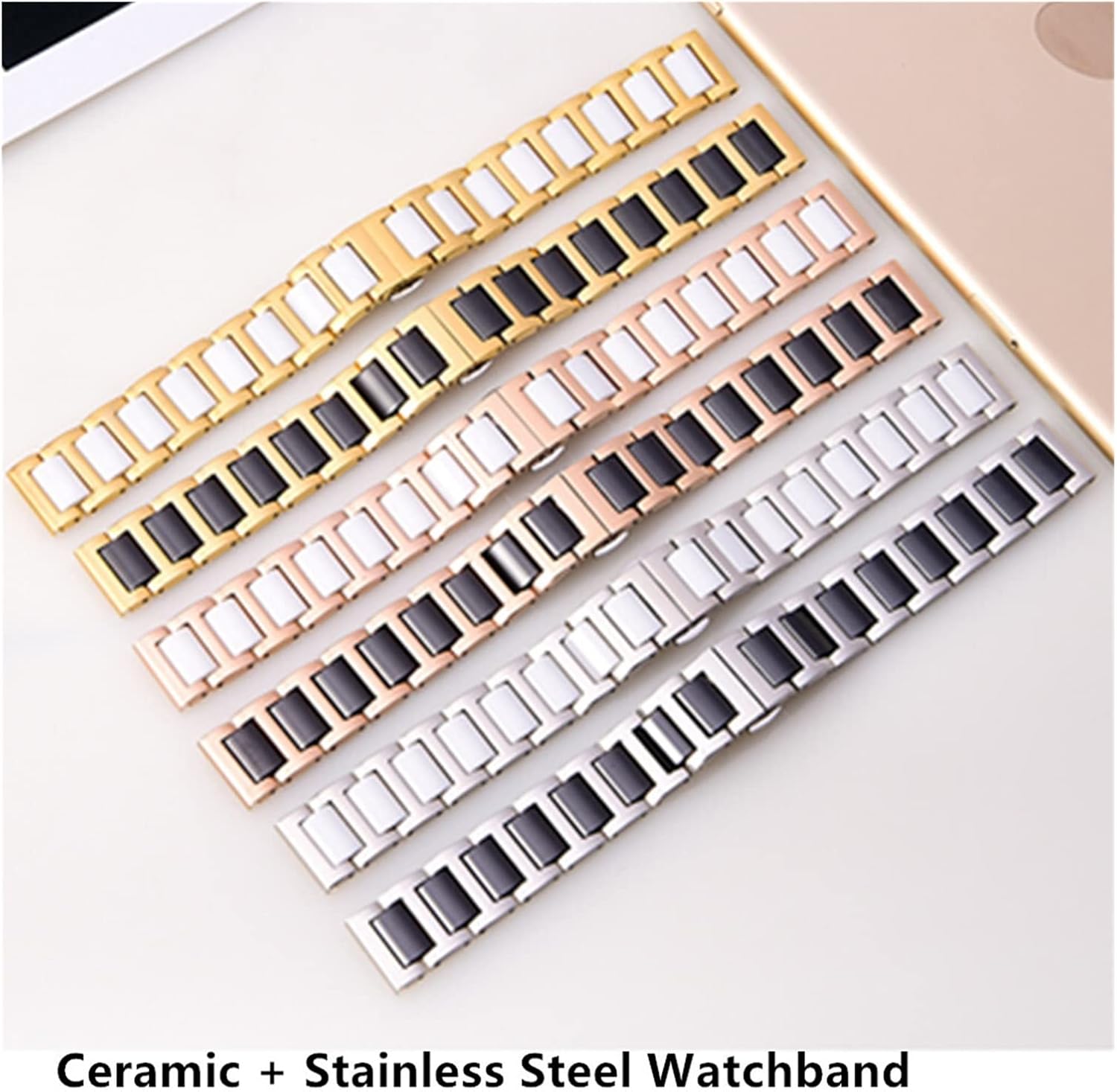 CAREG Ceramic Stainless Steel Watchband 22mm Compatible With Samsung Galaxy Watch 46mm SM-R800 Quick Release Strap Replacement Band Wrist Belt Durable(Gold and white)
