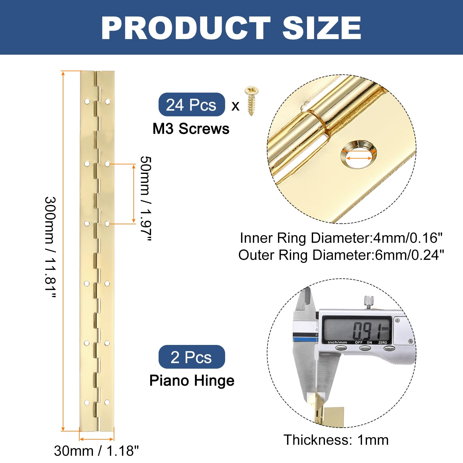 PATIKIL 12x1.2 Inch Piano Hinge,2 Pcs 304 Stainless Steel Continuous Hinge with Holes for Piano Gate Door Wooden Storage Box Cabinet Boat,Gold - Image 2