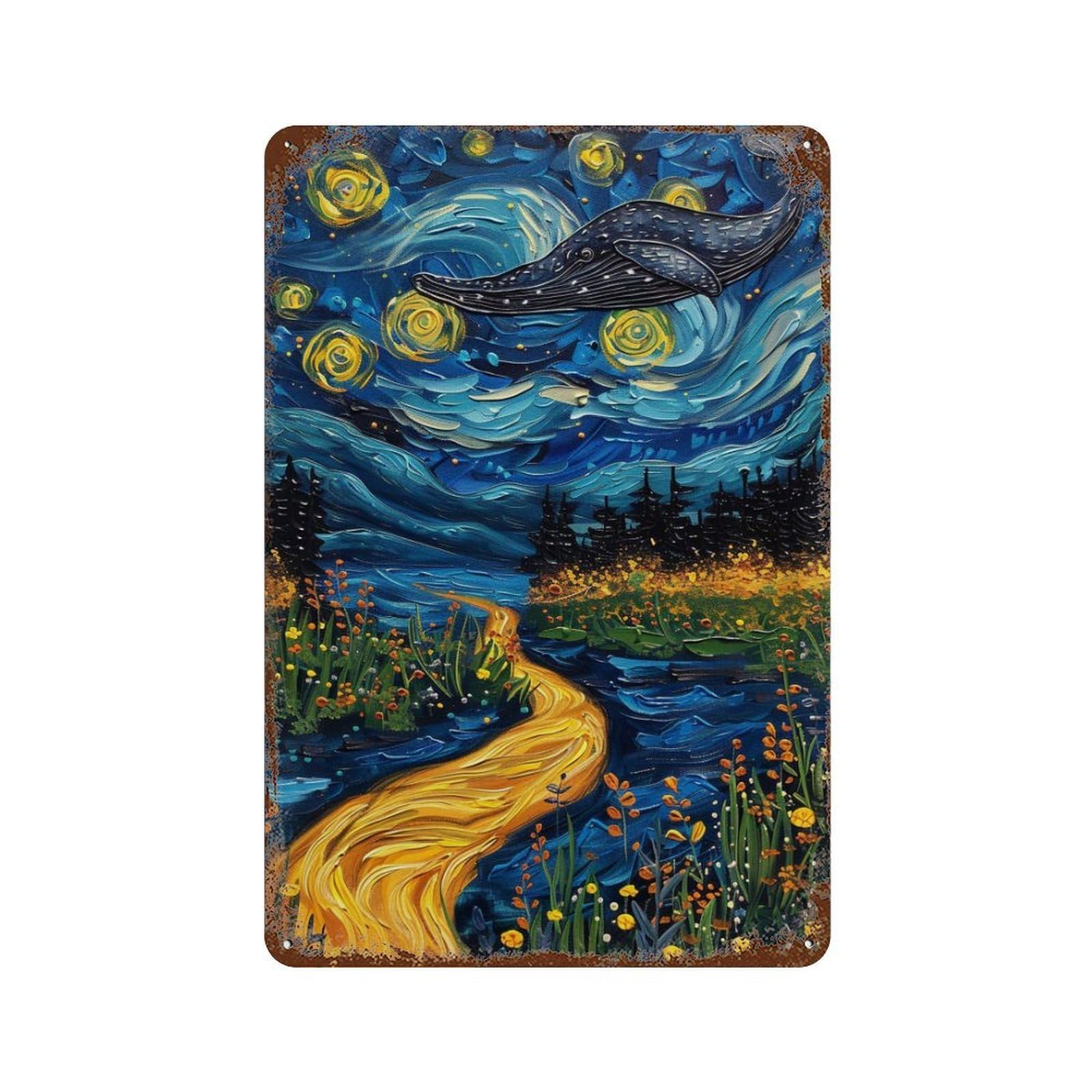 Decorative Tin Sign with Whale in Starry Night Landscape-1 Design 11.8"x7.9", for Garage, Bar And Workshop Decor, Farmhouse Wall Decor