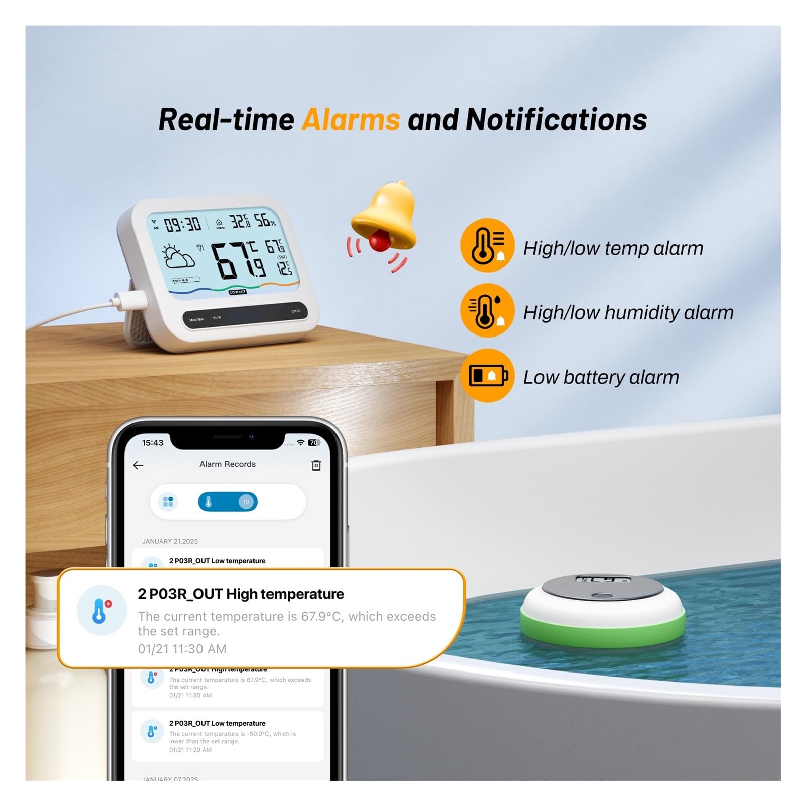 Termómetro solar for piscina con WiFi, monitor de temperatura y humedad, resistente al agua IP68, for estanques, jacuzzis aguas termales