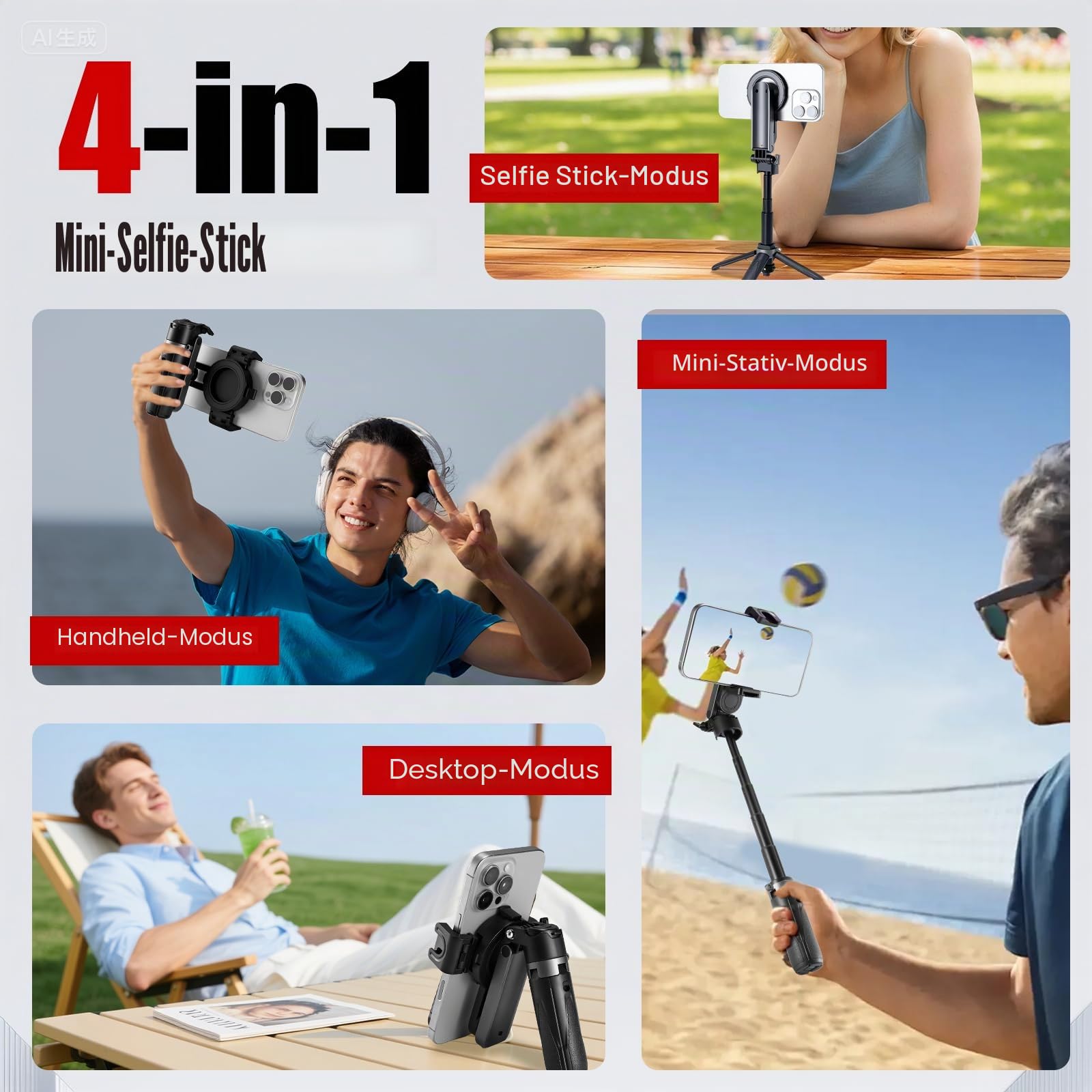4 in 1 Selfie Stick Magnetisch, Mini Stativ für Smartphone, Handy Stativ mit Fernauslöser und Kaltschuh, Handystativhalter Kompatibel mit iPhone, Android für Selfies, Vlogging und Videoaufnahmen