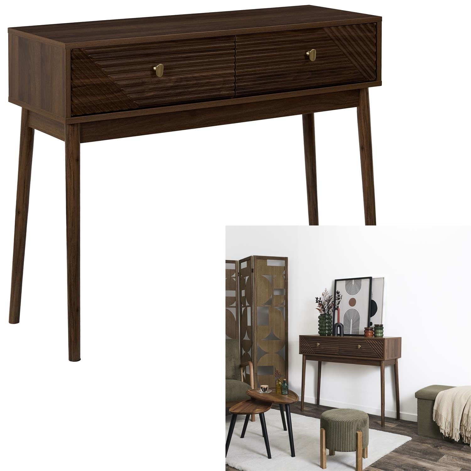 Consola con frentes geométricos color nogal oscuro con 2 cajones asas diseño delgado pasillo sala de estar dormitorio retro moderno