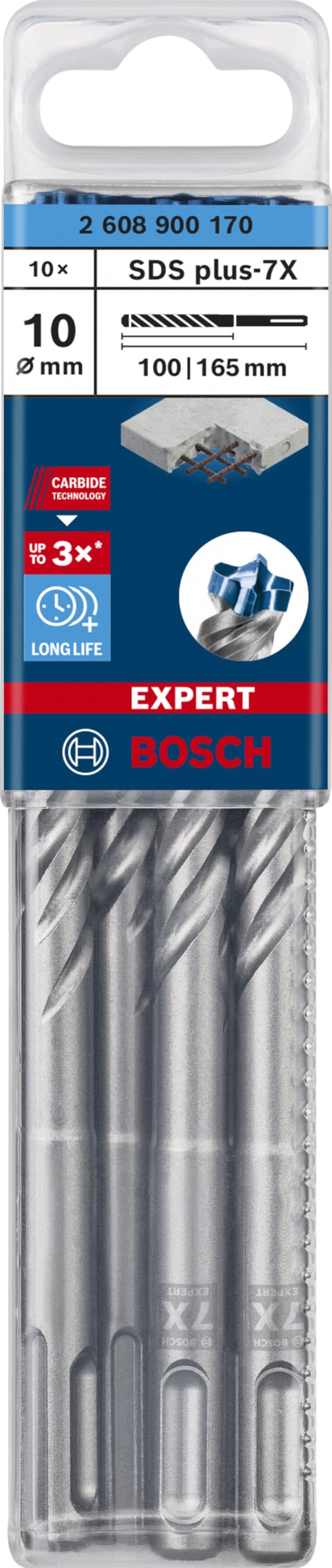 Bosch Professional 10x Brocas para martillo Expert SDS plus-7X (para Hormigón armado, Ø 10.00 x 165 mm, accesorios Martillo perforador rotativo)