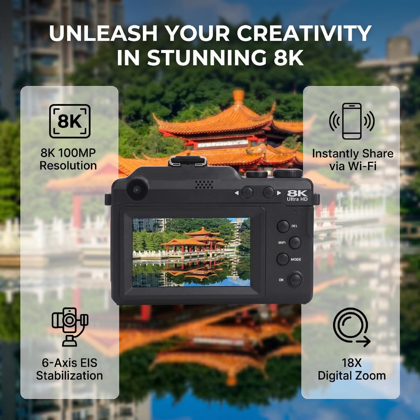 Generic Cámara Digital 8K, Cámaras WiFi de 100MP para Fotografía con Lente Dual de Pantalla HD de 3 Pulgadas, Enfoque Automático con Zoom 18X, Flash Incorporado, 8 Filtros Creativos, (64GB)